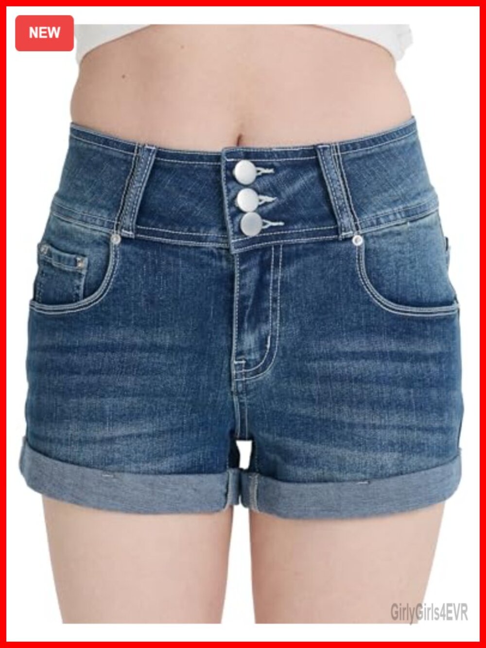 High Waisted Cuffed Denim Shorts Triple Button Fly Vintage Wash High Stretch